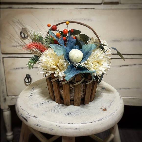 Rustic Floral Basket with Cream and Blue Accents - Picture 1 of 8